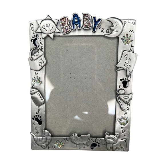 Baby Nursery Picture Frame Pewter Epoxy Desk Top 5”x3.5” Moon Sun Alphabet - Picture 1 of 11